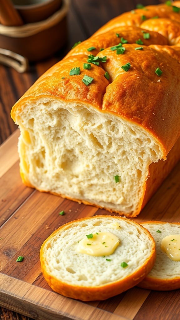 Homemade Garlic Bread Loaf Recipe A golden brown garlic bread loaf with slices cut, brushed with garlic butter and garnished with parsley on a wooden board.